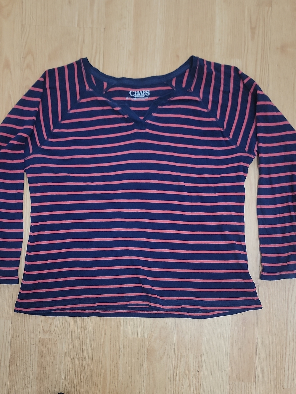 Chaps Sport Navy and Coral Striped V-Notch Long Sleeve Top